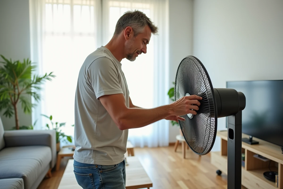 Homme d'âge moyen ajustant un ventilateur dans un salon lumineux