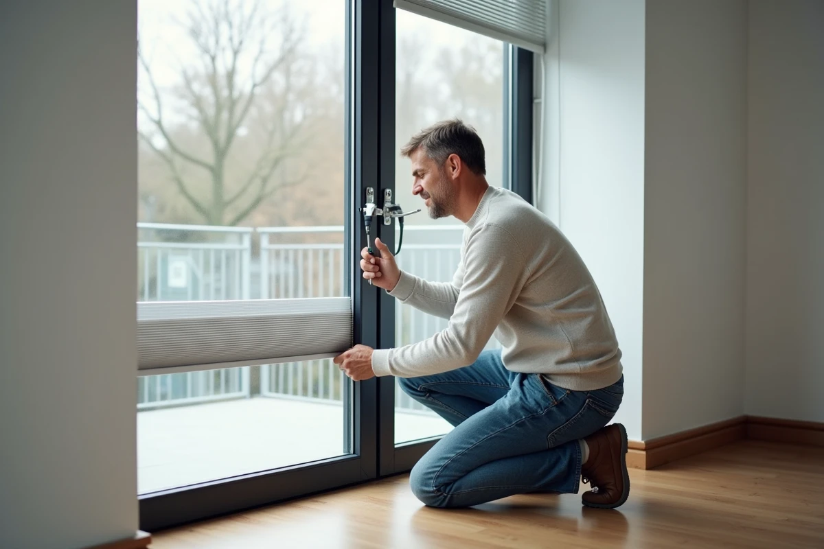 Homme moyenâgeux inspectant un volet roulant moderne