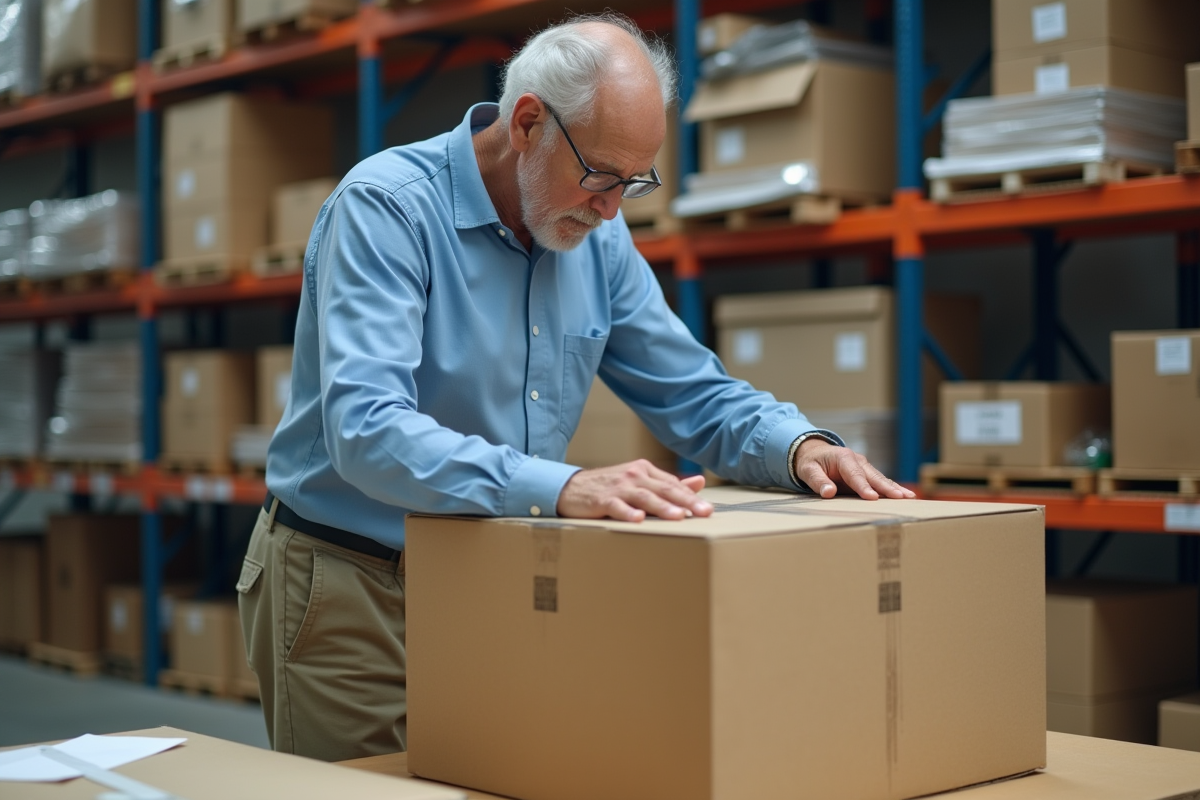 Homme inspectant un carton dans un entrepôt organisé