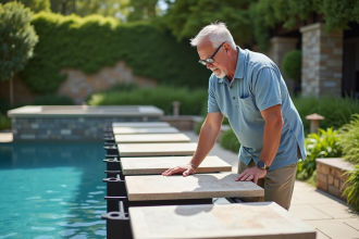 Homme d'âge moyen inspectant des dalles de piscine extérieures
