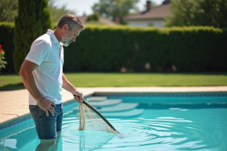 Homme d'âge moyen inspectant l'eau de la piscine extérieure