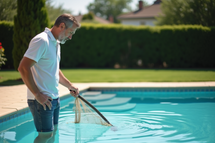 Homme d'âge moyen inspectant l'eau de la piscine extérieure