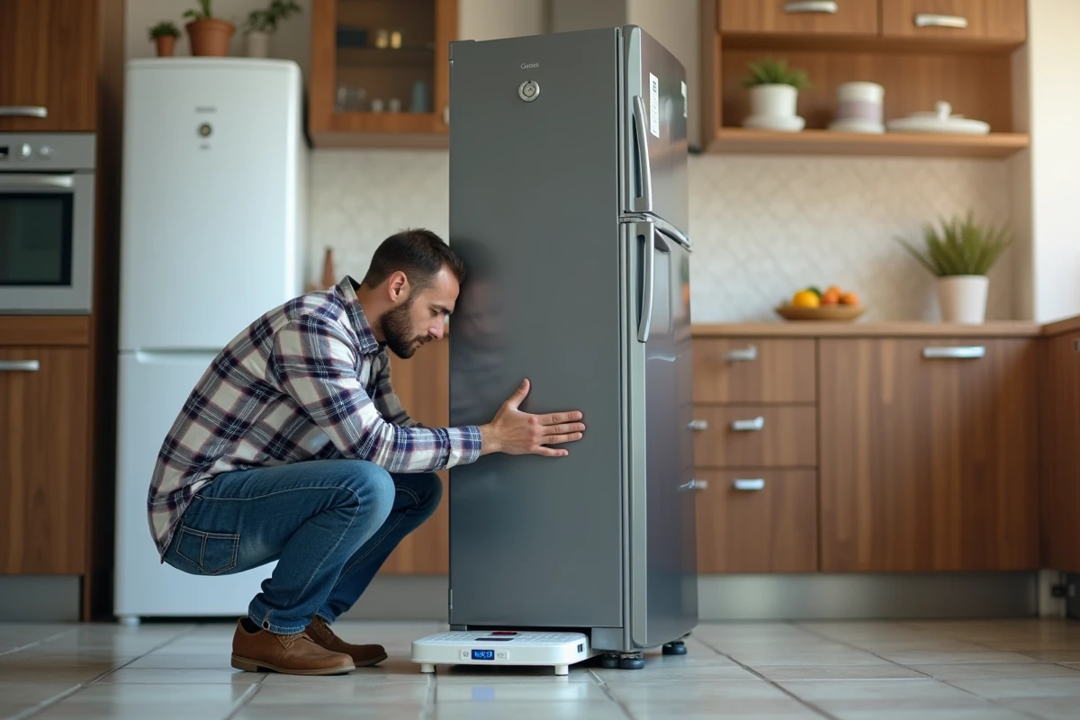 Homme vérifiant le poids d'un grand congélateur en cuisine
