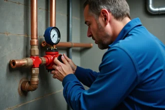 Homme d'âge moyen vérifiant un régulateur d'eau dans un sous-sol moderne
