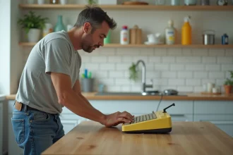 Homme d'âge moyen examinant un clavier vintage en plastique jaune