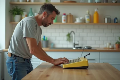Homme d'âge moyen examinant un clavier vintage en plastique jaune