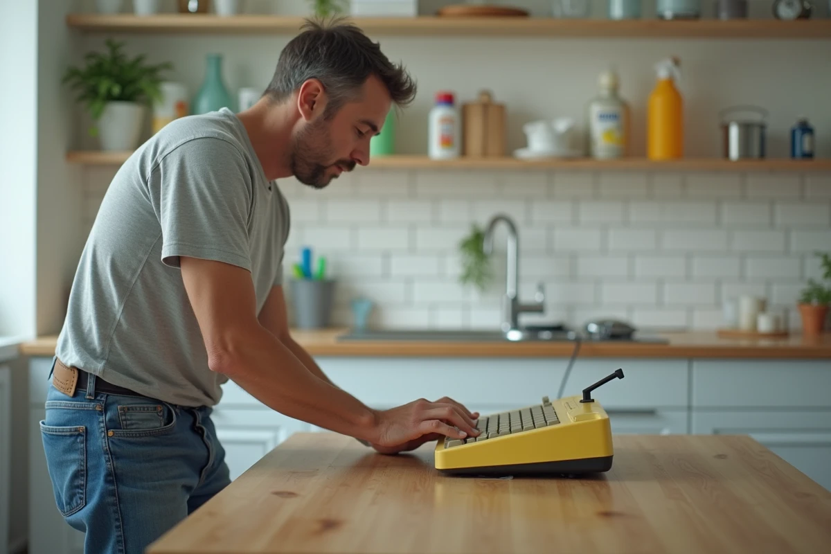 Homme d'âge moyen examinant un clavier vintage en plastique jaune