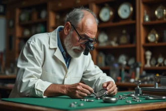 Horloger professionnel remplaçant la pile d'une montre dans son atelier de réparation horlogerie