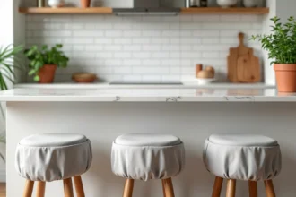 Tabourets de bar en cuisine d'appartement Airbnb avec housses en lin gris clair autour d'un comptoir en marbre blanc