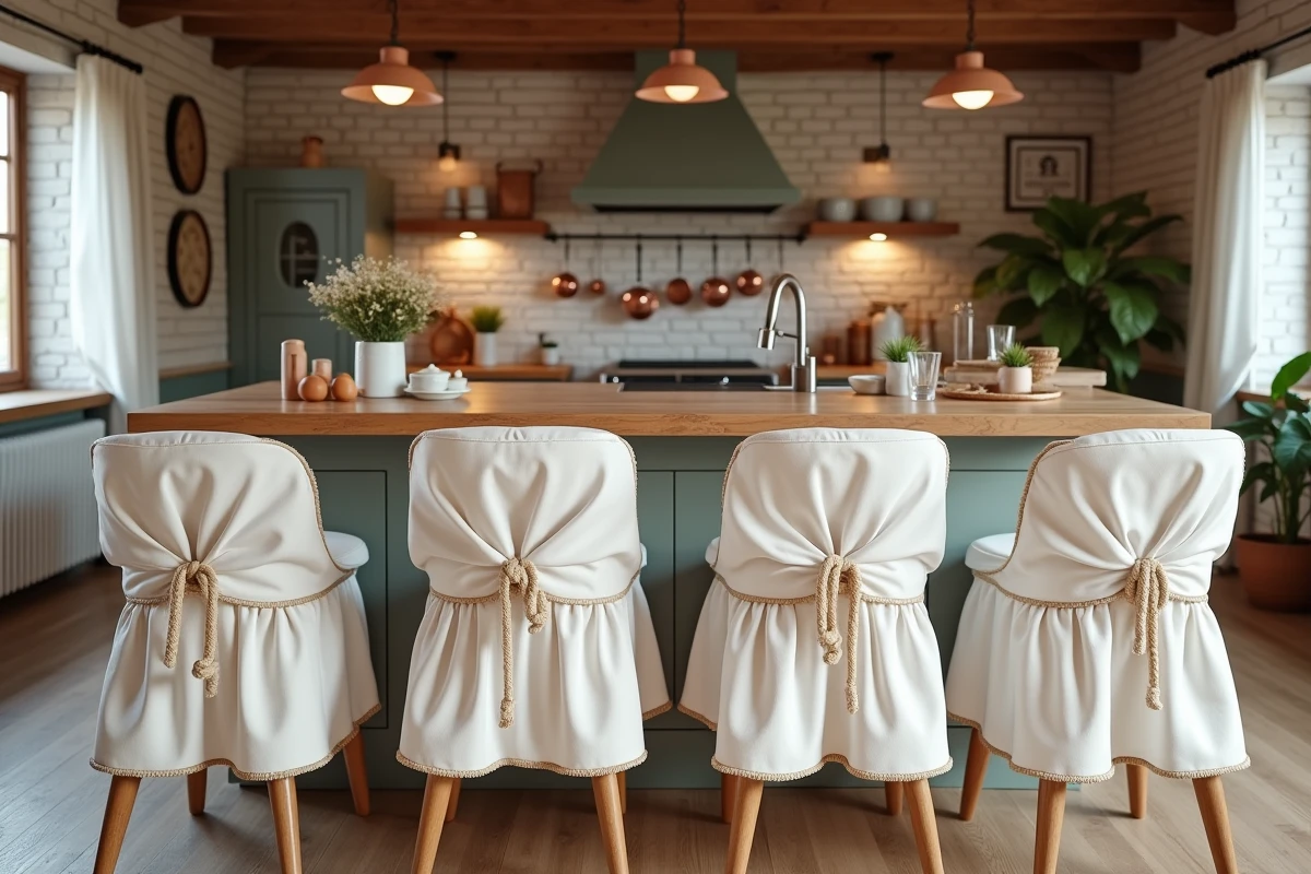 Ilot de cuisine Airbnb avec quatre tabourets de bar couverts de housses en coton blanc cassé dans un intérieur style maison de campagne