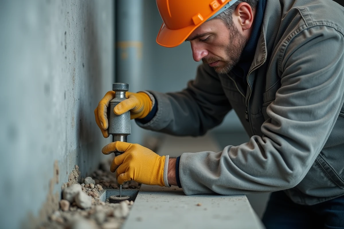 Ouvrier injectant un scellement chimique à résine dans un mur en béton avec un pistolet à cartouche