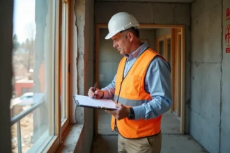 Inspecteur de chantier examinant un joint de mousse expansive sur un cadre de fenêtre avec une check-list de conformité