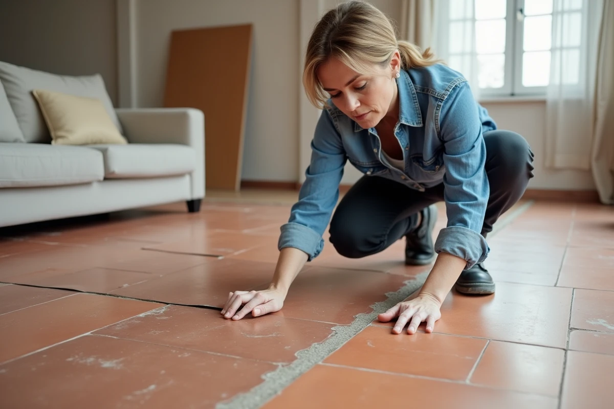 Femme inspectant la jonction entre un sol PVC posé et un carrelage terracotta existant lors d'une rénovation