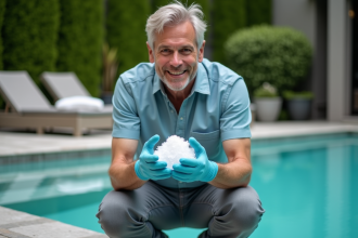 Homme inspectant une cellule de sel au bord de la piscine