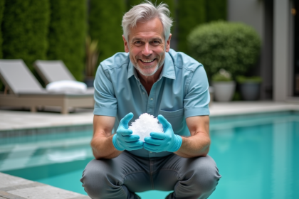 Homme inspectant une cellule de sel au bord de la piscine