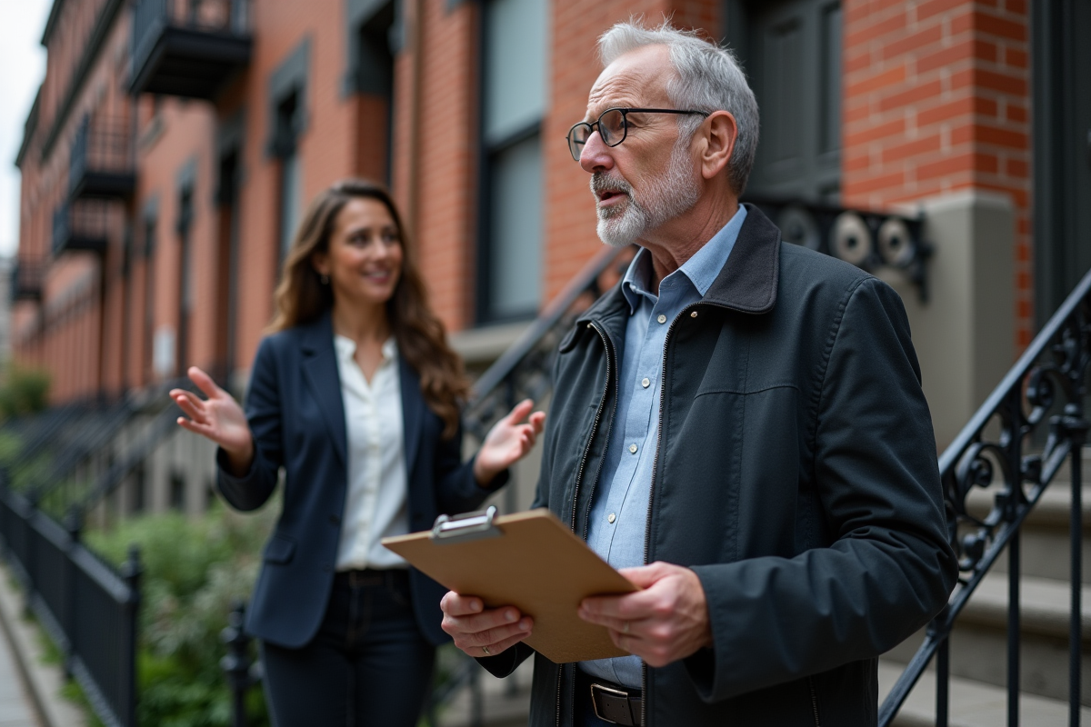 Inspecteur et propriétaire devant immeuble en ville