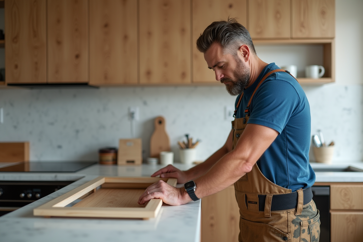Installateur cuisine homme en action dans une cuisine moderne