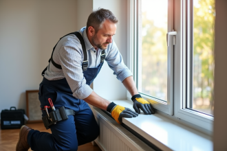 Installateur homme posant une fenetre PVC dans une maison lumineuse