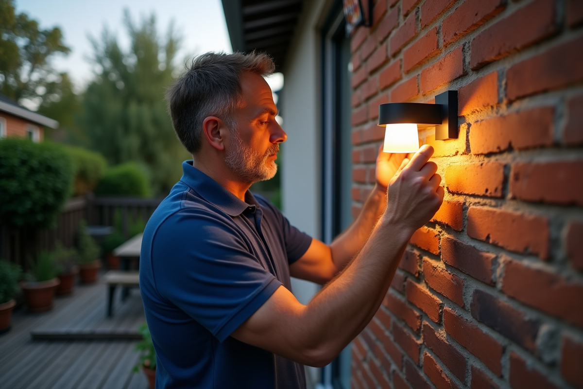 Homme installant une applique murale moderne sur un mur en briques