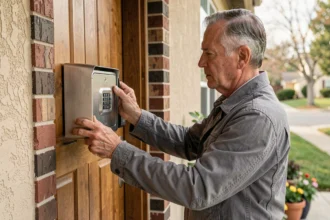 Homme installant une boîte à clé à code sur un mur extérieur de maison individuelle