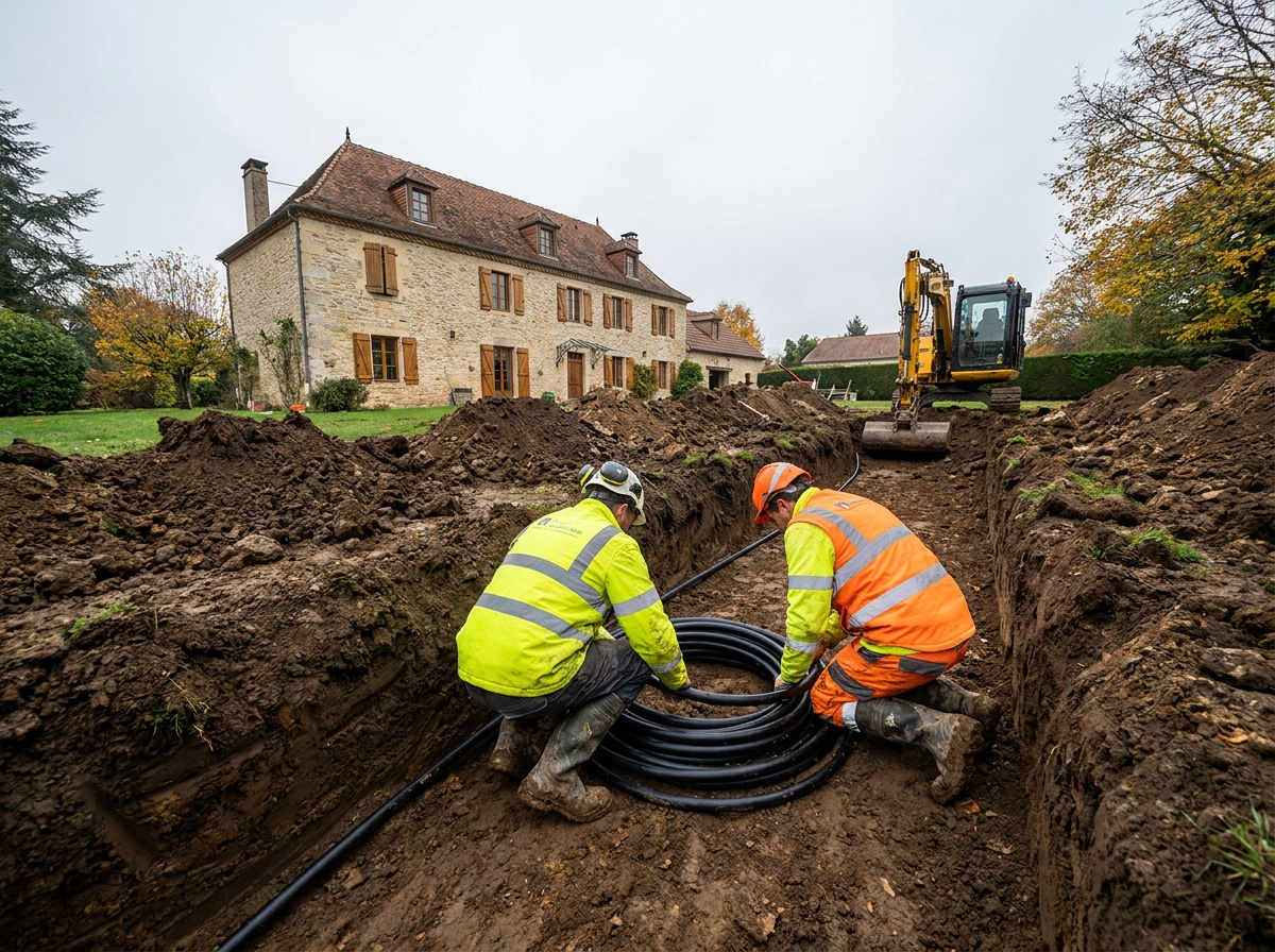 Installation de capteurs géothermiques horizontaux dans le jardin d'une maison individuelle en France