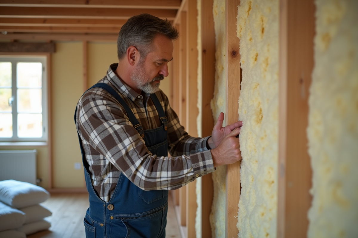 Hommes en overalls installant de la laine mineral dans un mur