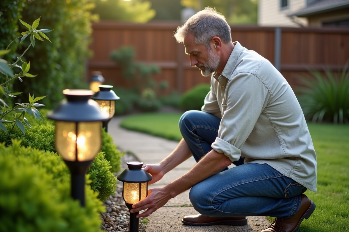Homme d'âge moyen installant des lanternes solaires dans un jardin