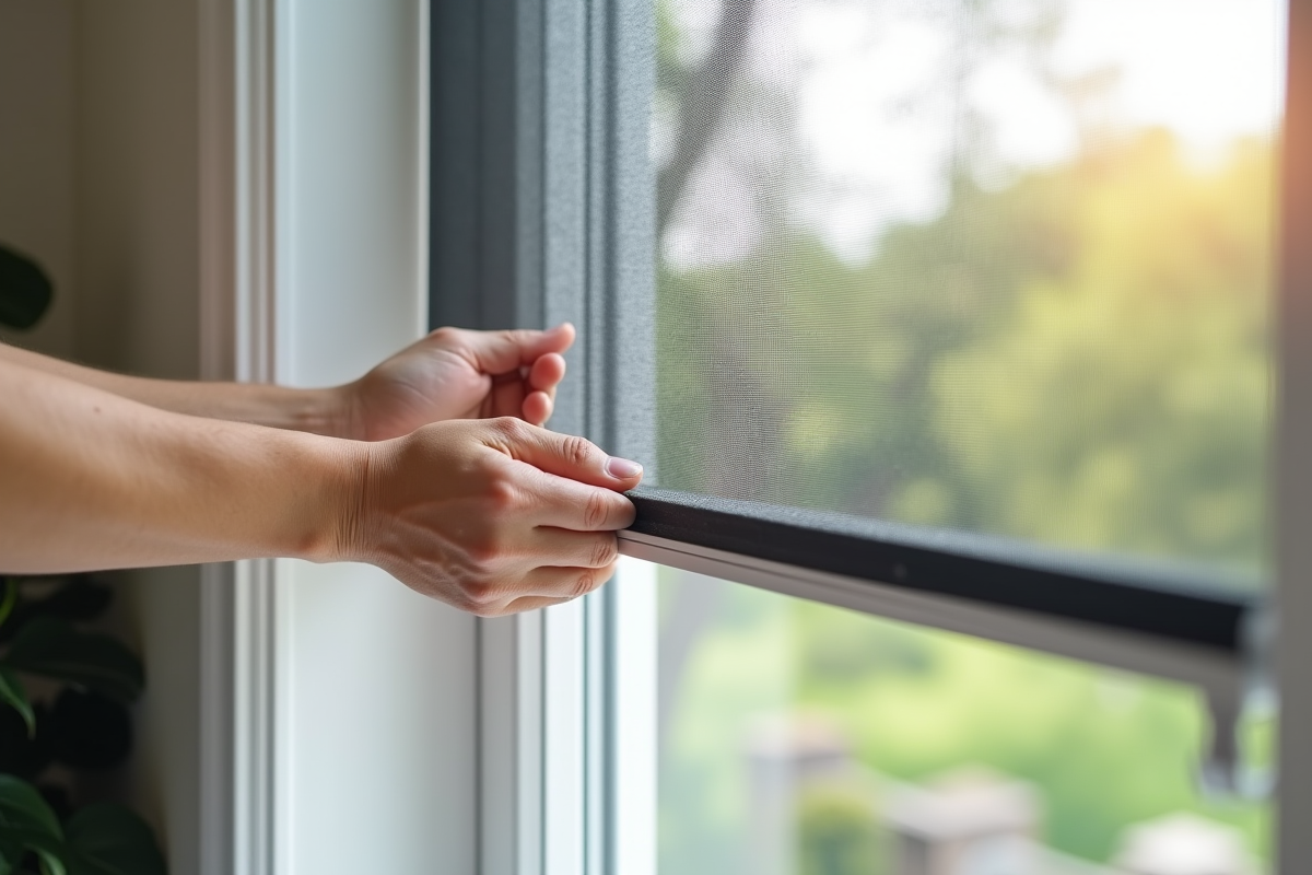 Main installant une moustiquaire rétractable sur une fenêtre