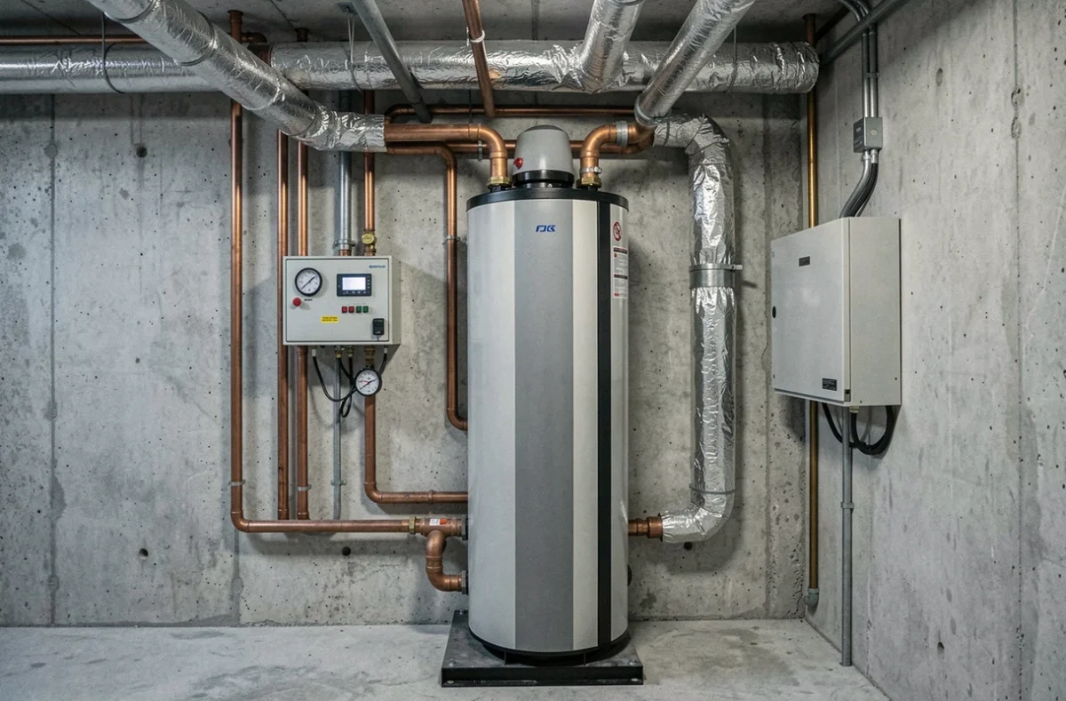 Installation intérieure d'une pompe à chaleur géothermique dans une chaufferie résidentielle avec réseau de tuyauteries et tableau de commande