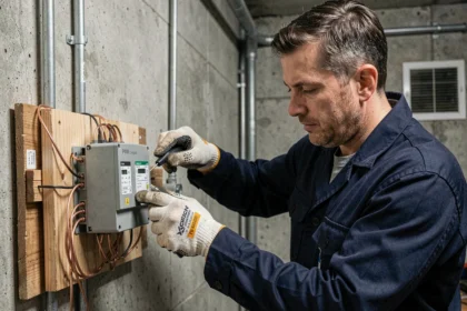 Technicien installant un régulateur de charge solaire PWM dans une salle technique avec des câbles cuivre et un tableau de montage en bois
