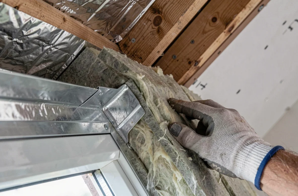 Détail de l'isolation thermique autour du cadre d'une fenêtre Velux 55x78 avec laine minérale et pare-vapeur