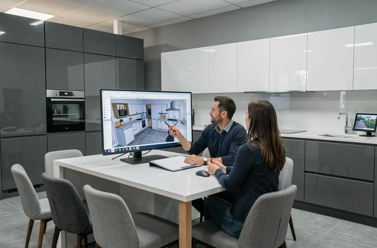 Designer Ixina Montluçon présentant un plan de cuisine 3D sur écran à des clients dans le showroom