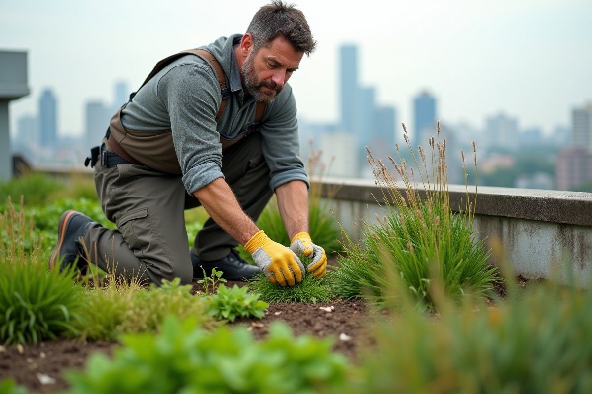 Homme jardinier sur toit vert en pleine nature urbaine
