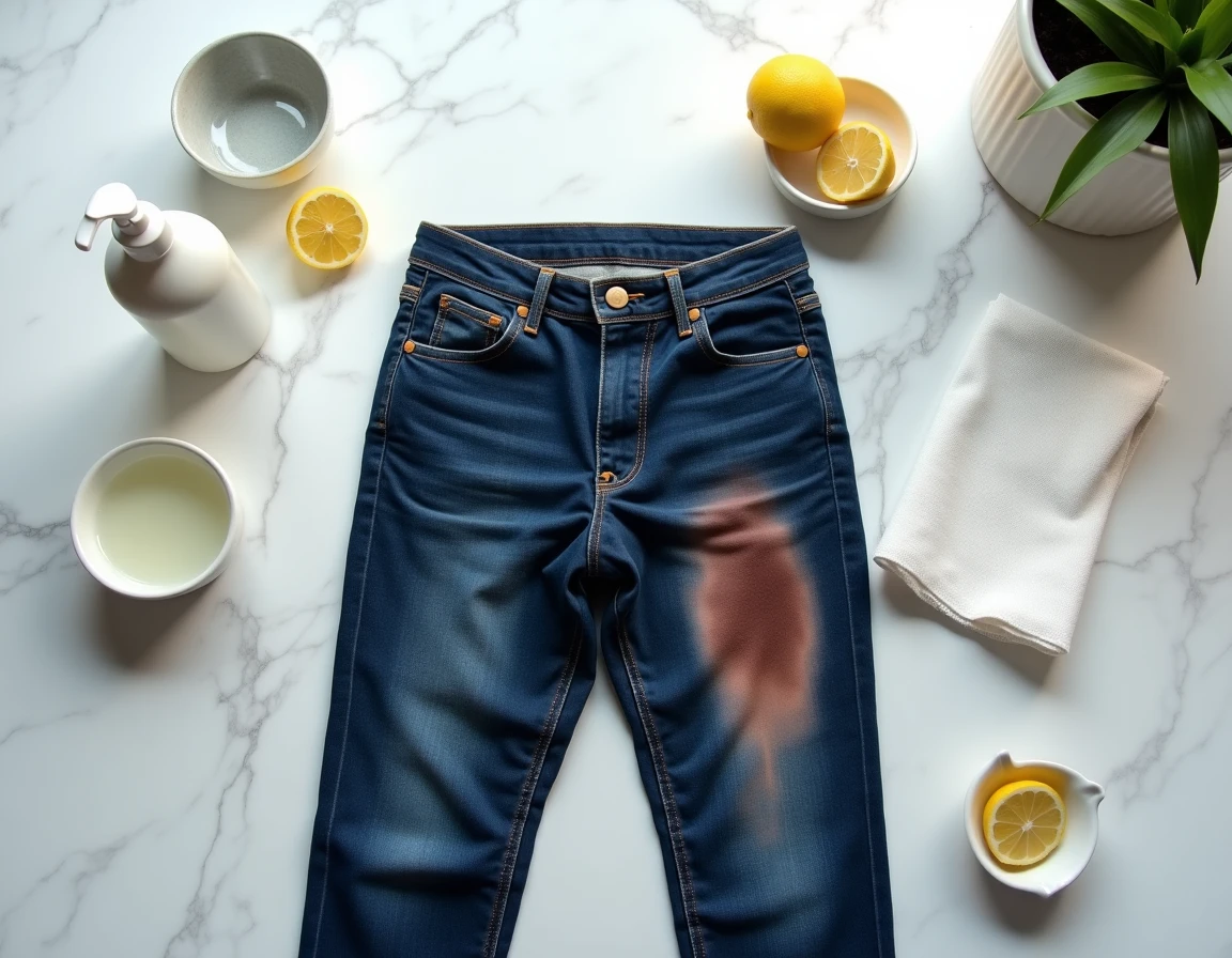 Jean foncé étalé à plat avec une tache de fruit visible entouré de produits ménagers pour le détachage