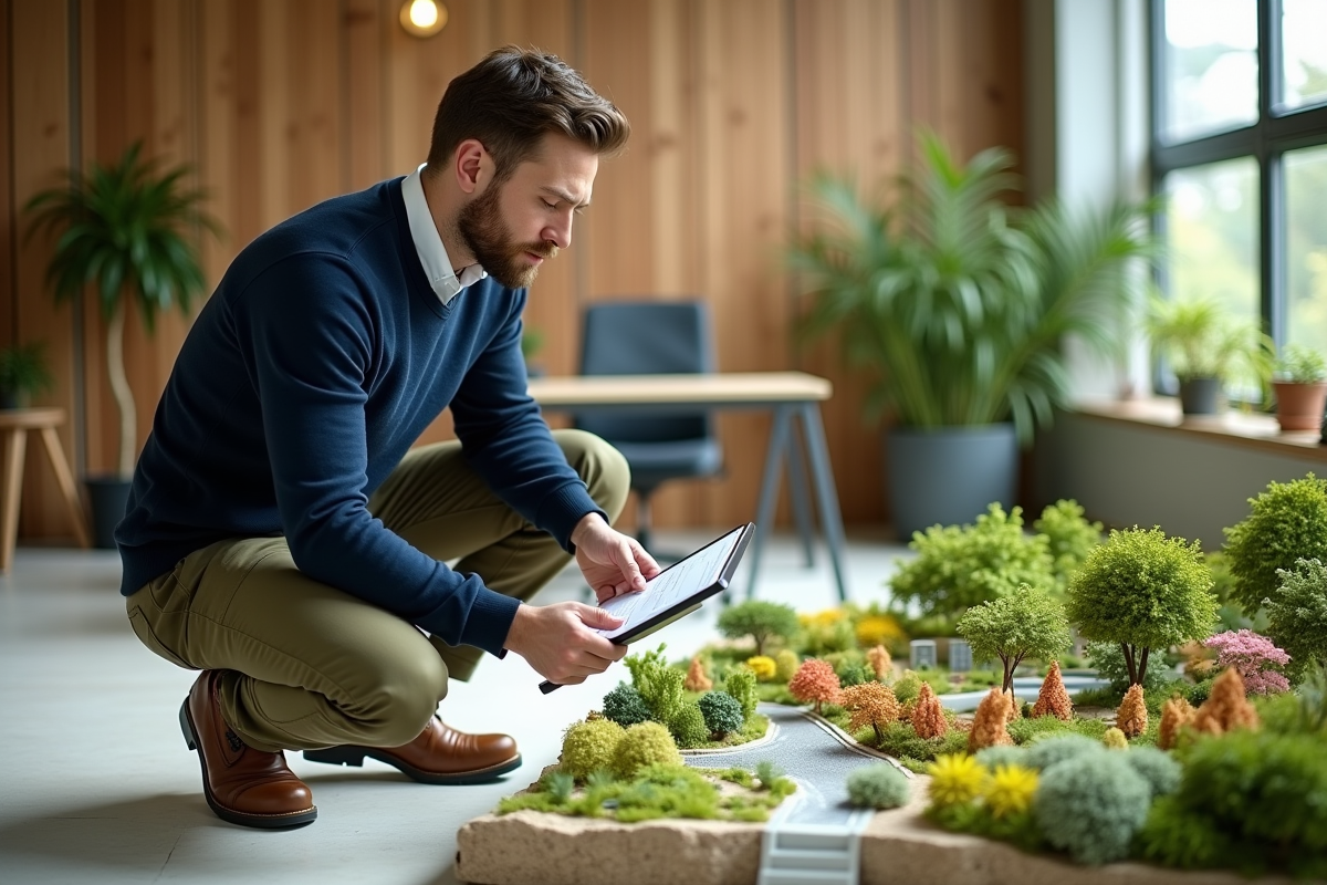 Jeune architecte paysagiste examinant un modèle de parc urbain