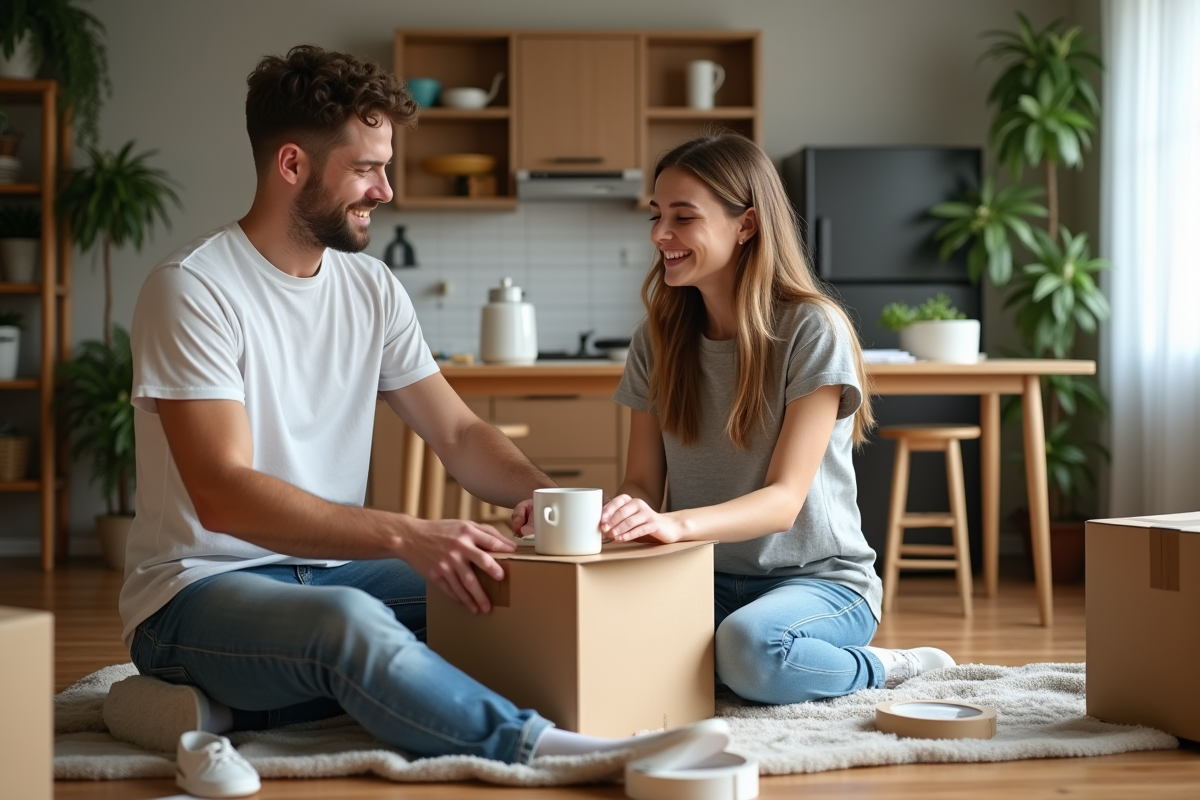 Jeune couple emballant des cartons dans un salon moderne