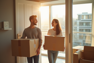 Jeune couple souriant portant des cartons dans un appartement lumineux