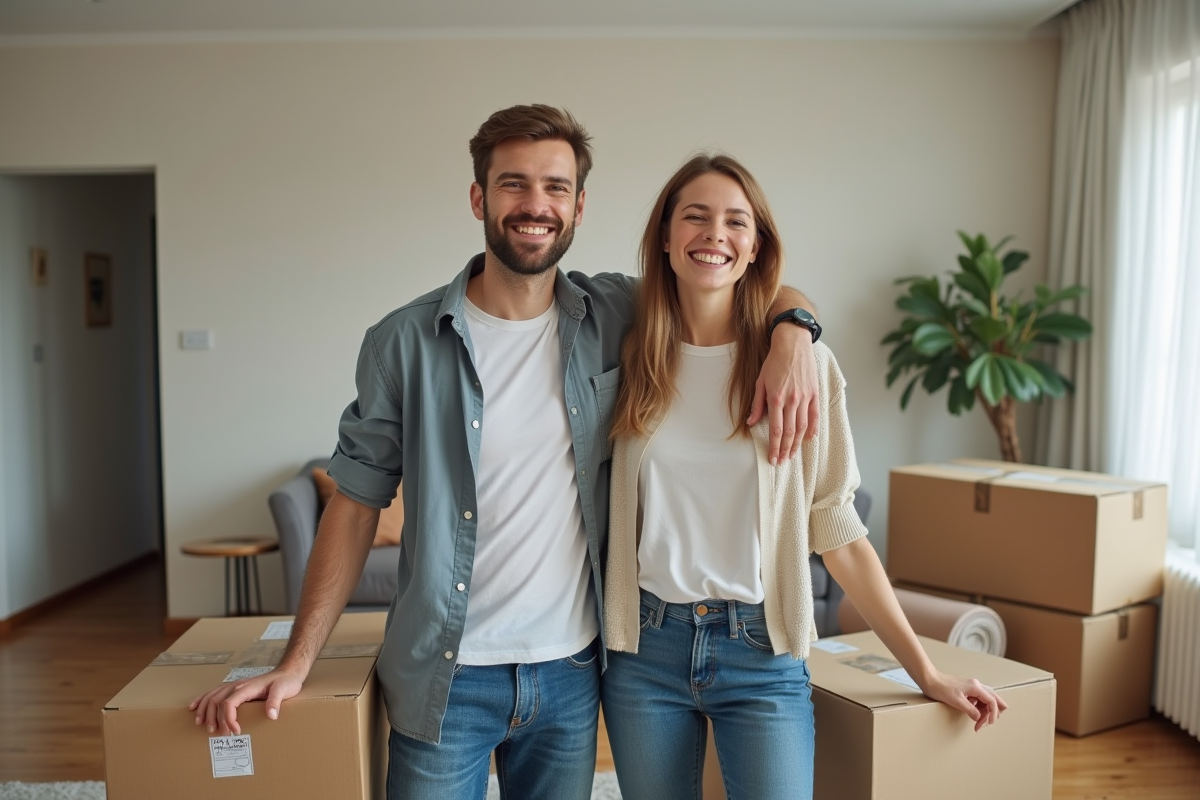 Jeune couple souriant dans un appartement vide après déménagement