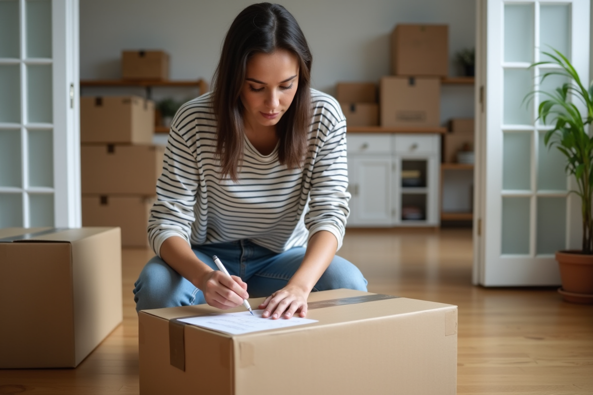 Jeune femme étiquetant des cartons de déménagement dans un salon organisé