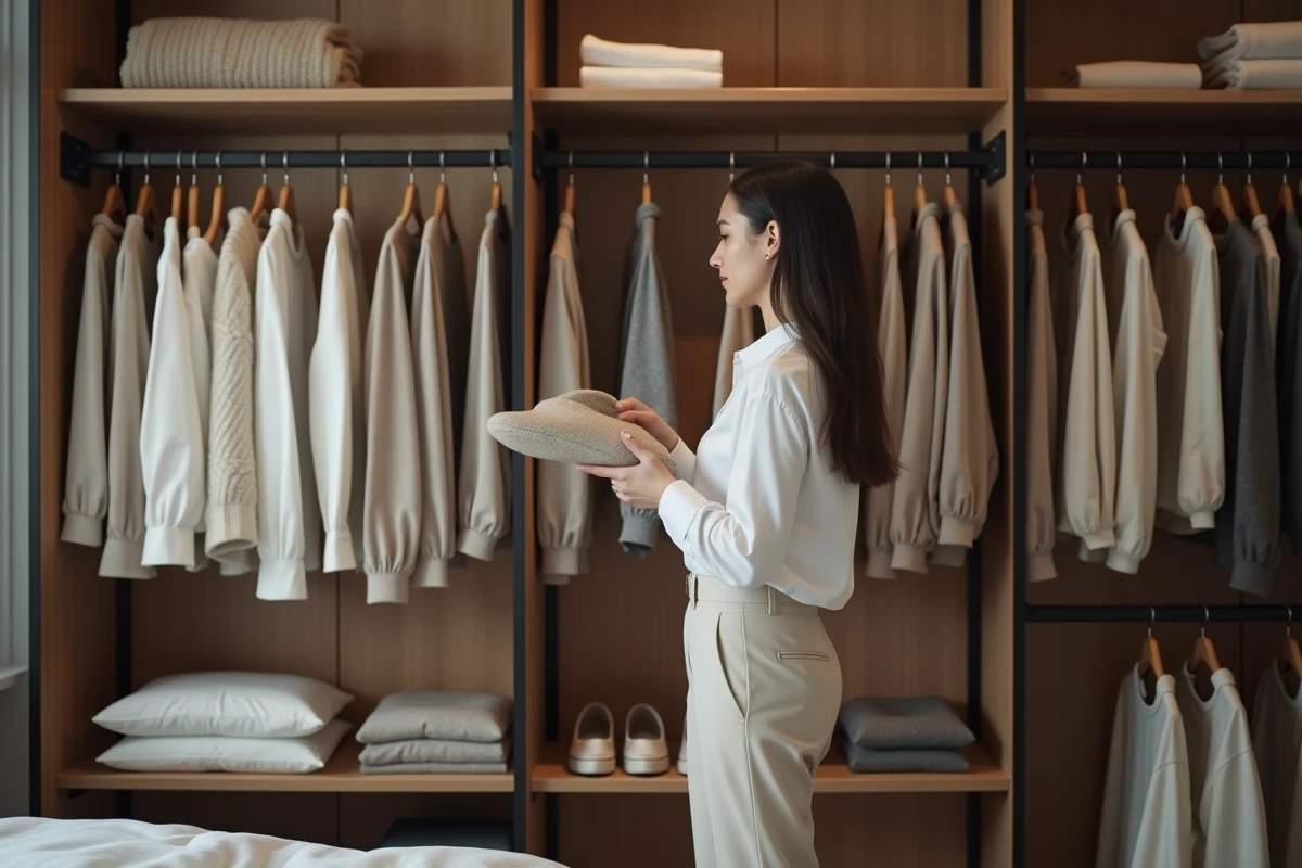 Jeune femme organisant ses vêtements dans un dressing moderne
