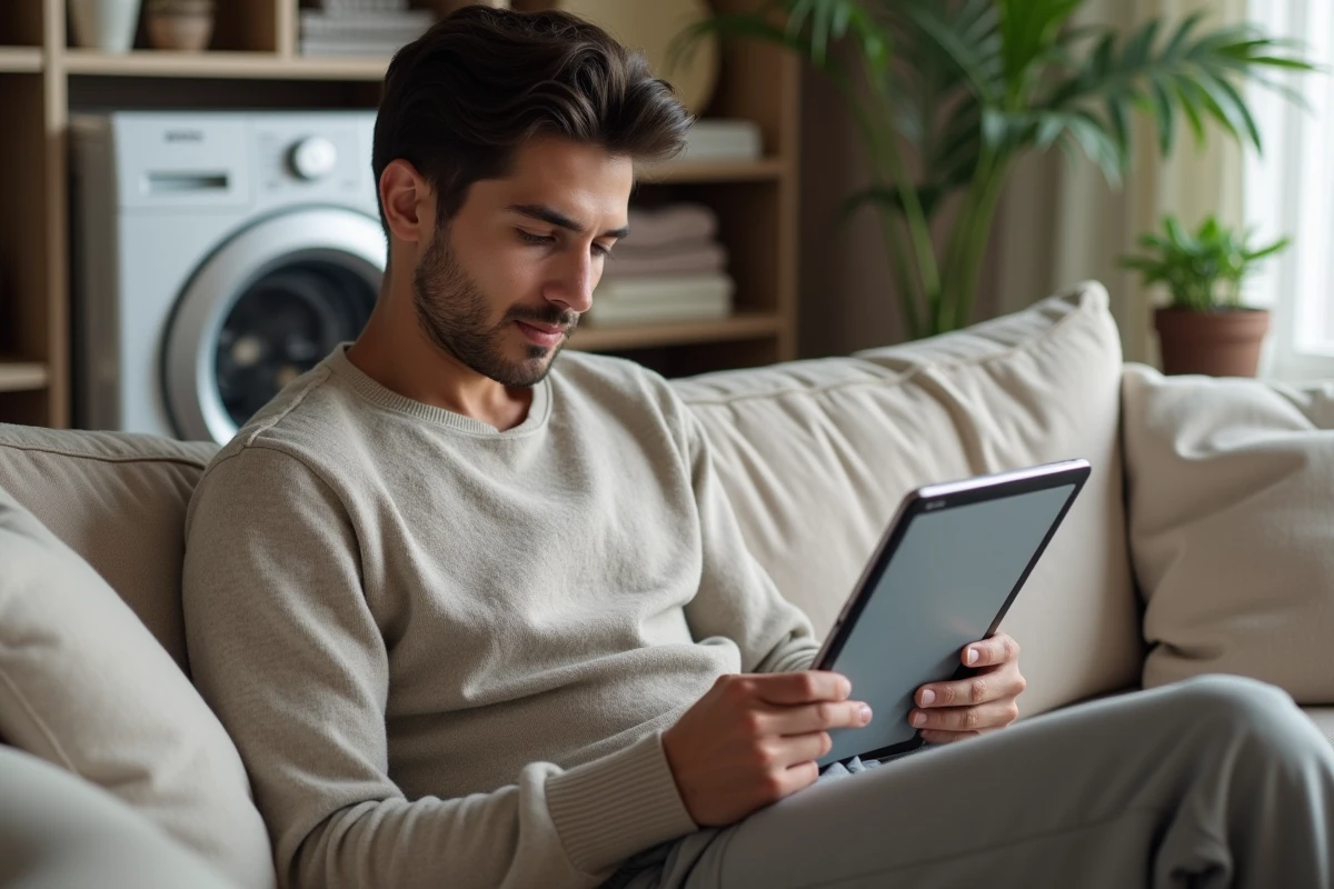 Jeune homme consulte un manuel numérique sur une tablette dans le salon