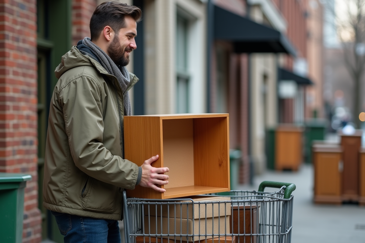 Jeune homme déposant une petite étagère sur un chariot de dons