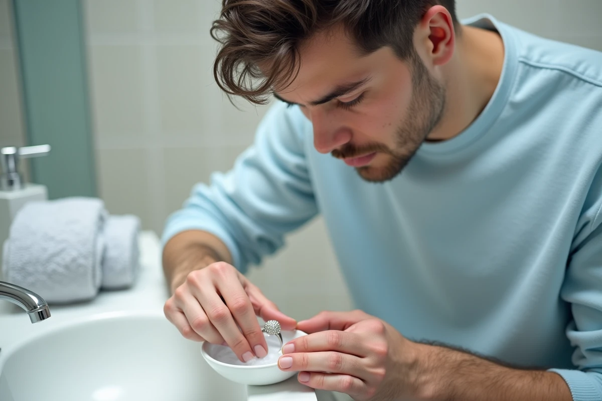 Jeune homme trempant un anneau en savon dans la salle de bain