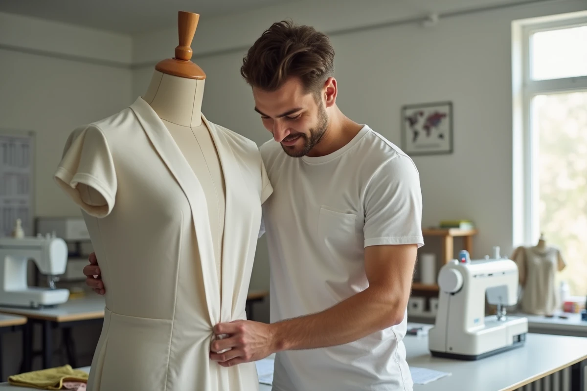 Jeune homme pinçant du tissu dans un studio de couture moderne