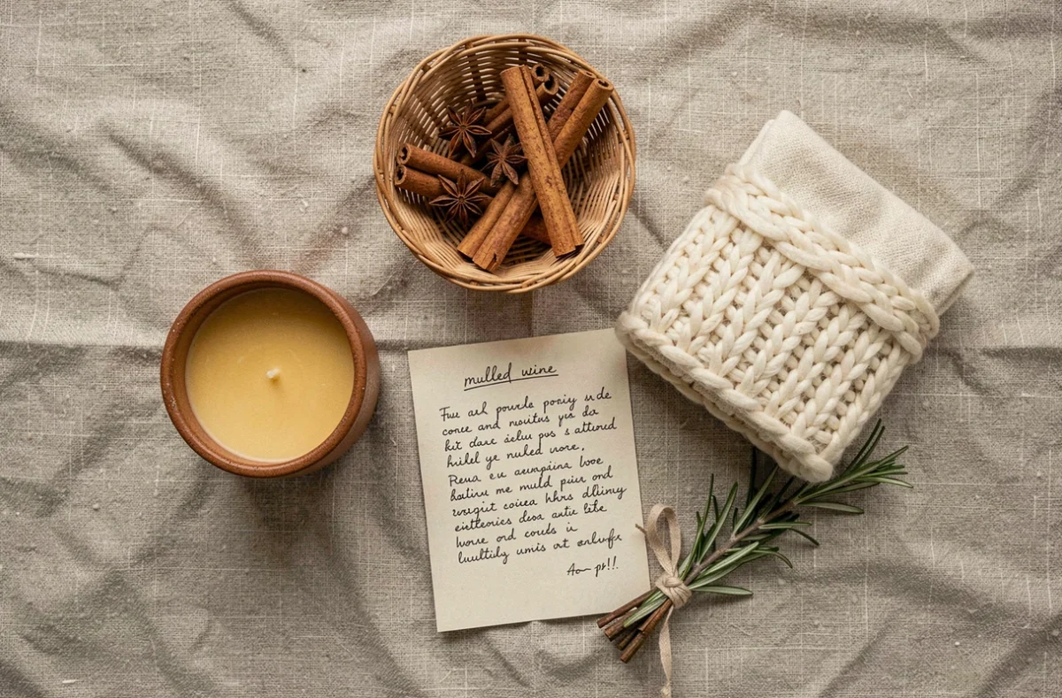 Vue de dessus d'un kit hygge DIY fait main comprenant bougies cire d'abeille, plaid en laine, épices et carte artisanale sur lin