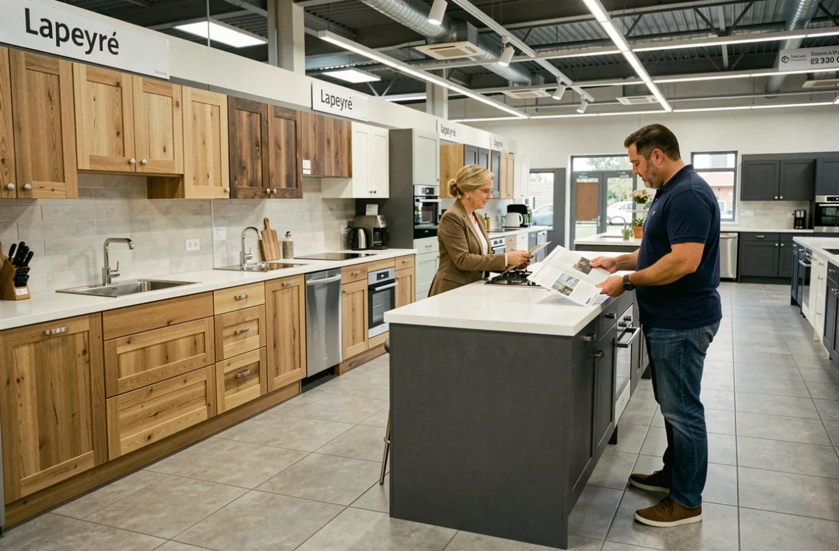 Showroom Lapeyre Montluçon avec des modèles de cuisines exposés et des clients en train de consulter le catalogue