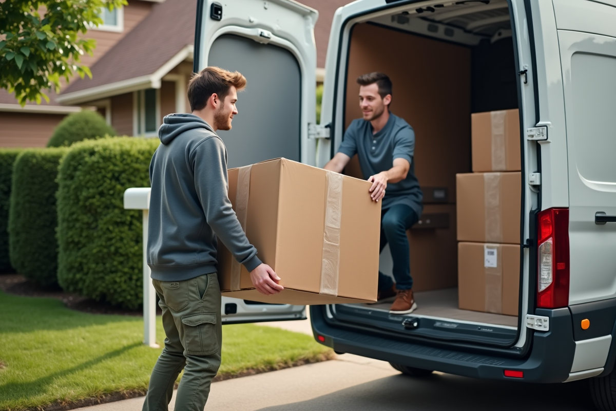 Jeune homme remettant une chaise emballée au livreur devant la voiture