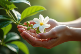 Mains délicates cueillant un jasmin en lumière naturelle