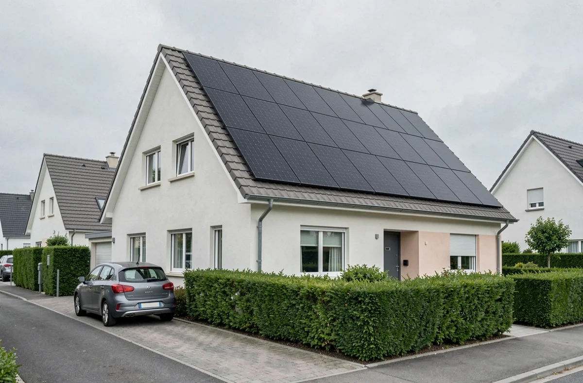 Maison individuelle avec panneaux solaires installés sur le toit en milieu pavillonnaire français
