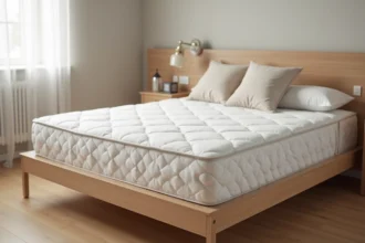 Matelas Duvivier habillé de draps blancs dans une chambre contemporaine en bois clair